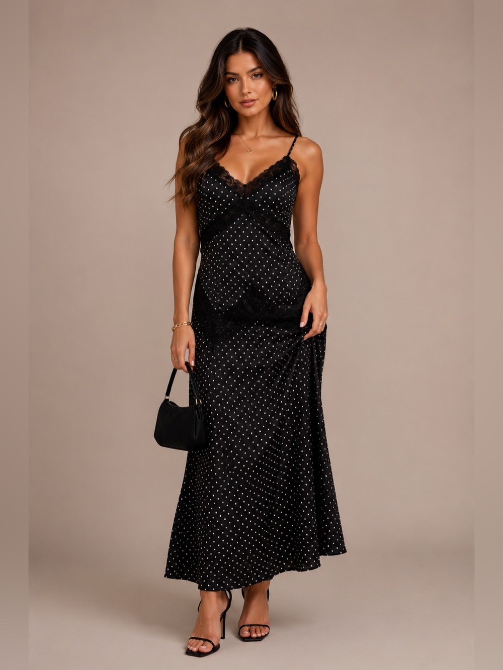 NWT Black Polka Dot Lace-Trim Slip Dress - Black
